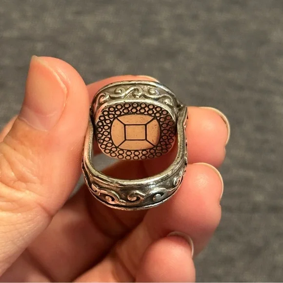 Brighton Square Smoky Quartz Gem Silver Cocktail Ring w Decorative Design, Sz 7 - Picture 9 of 10
